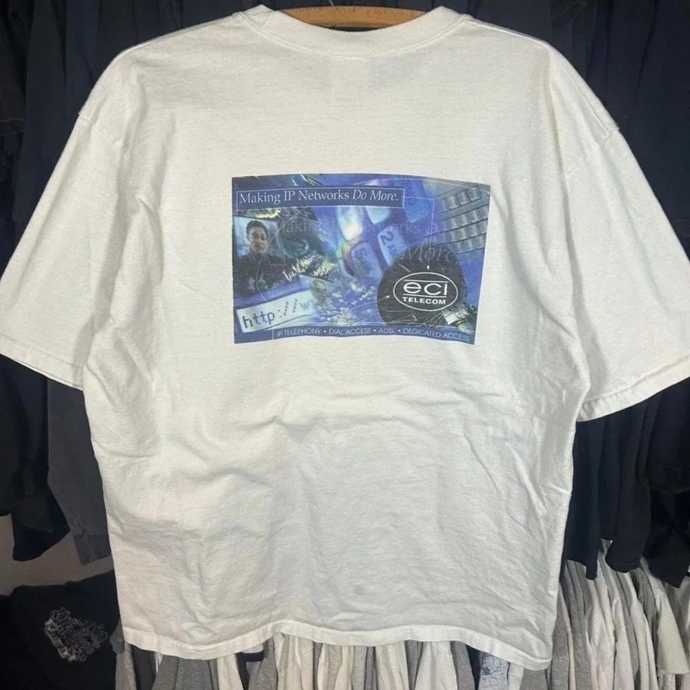 Vintage 90s grail box logo ECI Telecom Miami Beach graphic tee techwear Size L - Picture 7 of 8